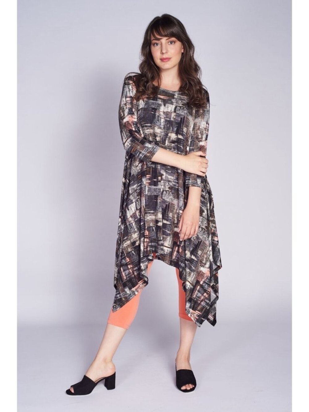 Code Vitesse Flare‎ Dress Multi Gray Print Asymmetrical Hem Art Lagenlook Large